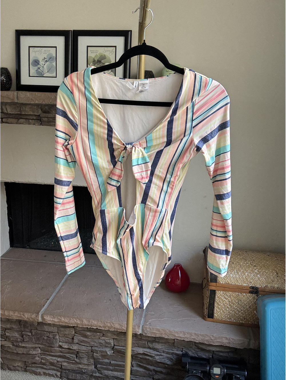 Celebrity Pink Sherbet-striped long-sleeve one-piece swimsuit Size Medium